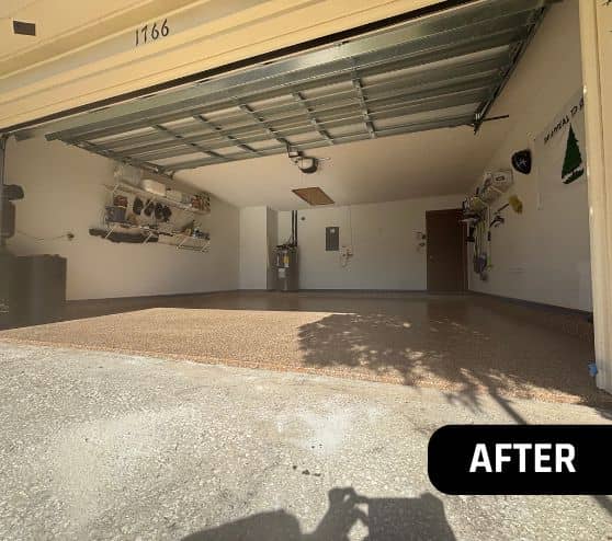 the marshalls garage with new epoxy flake flooring after portrait