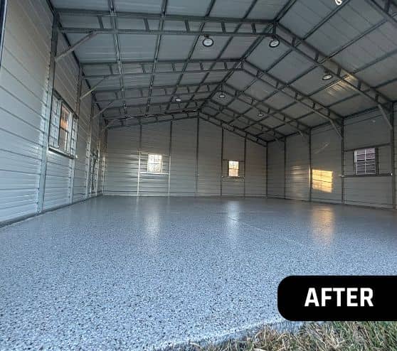 after portrait of charles warehouse with new epoxy flake flooring installed