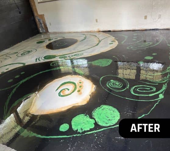 homeowner garage with new green metallic solid epoxy flooring