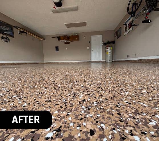 close-up of epoxy flooring installed for homeowner garage after portrait