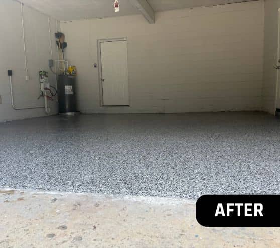 after portrait front view of homeowner garage with new epoxy flooring