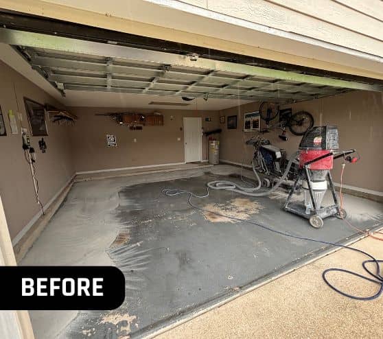 before portrait of homeowner garage with old flooring