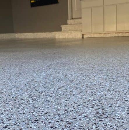 close-up of cottonwood epoxy flake flooring for homeowner garage