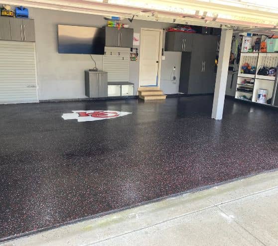 epoxy flake flooring freshly installed for homeowner garage