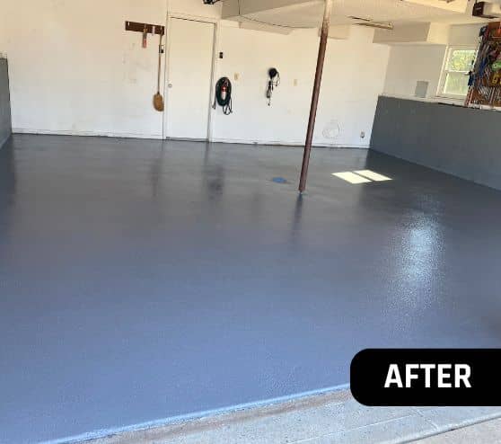 after portrait of homeowner garage with new solid epoxy flooring installed