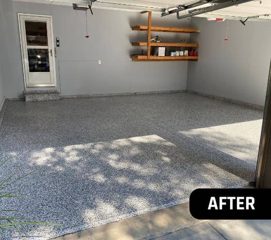 after portrait of homeowner garage with new epoxy flake flooring installed