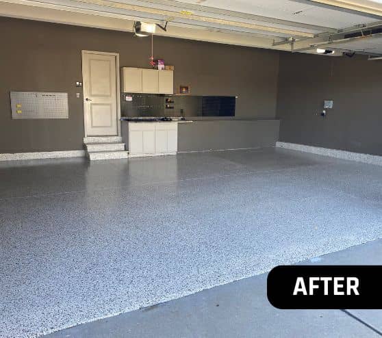 after portrait of homeowner garage with cottonwood epoxy flake flooring installed