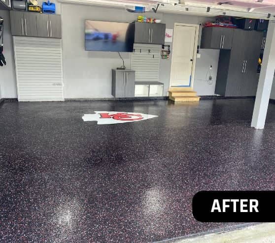 after portrait of homeowner garage with new epoxy flake flooring