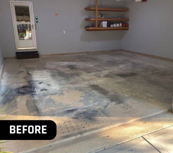 before portrait of homeowner garage before new flooring installed