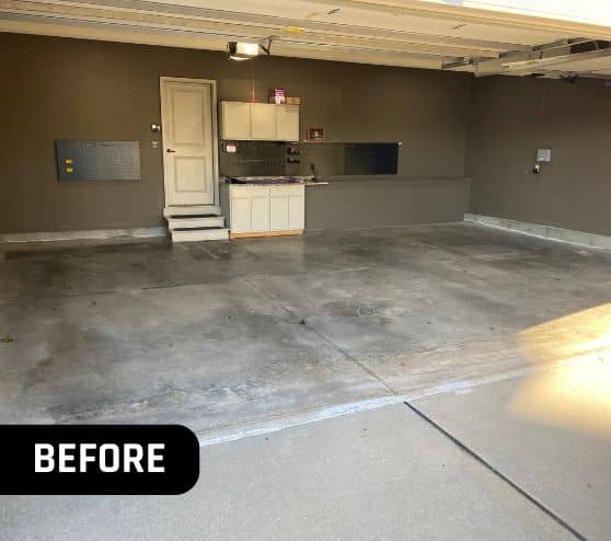 before portrait of homeowner garage with old concrete flooring