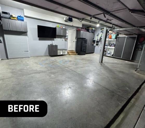 before portrait of homeowner garage with old concrete flooring