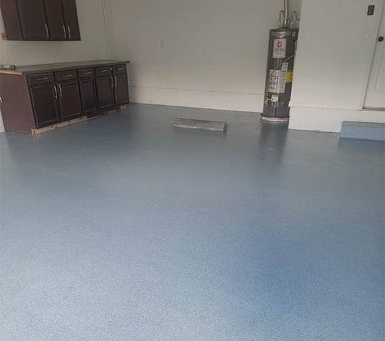 blue epoxy flake flooring for homeowner garage