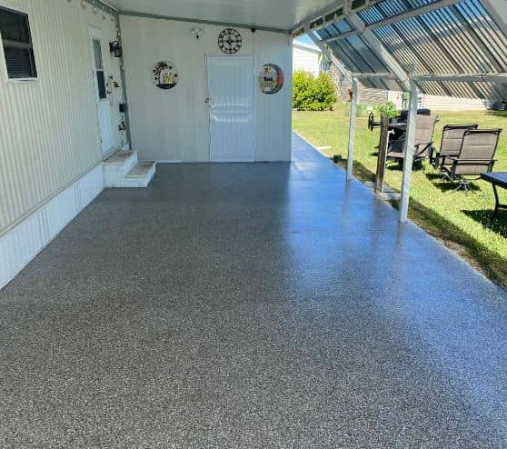 front view of Custom Blend Epoxy Flake Flooring installed for homeowner