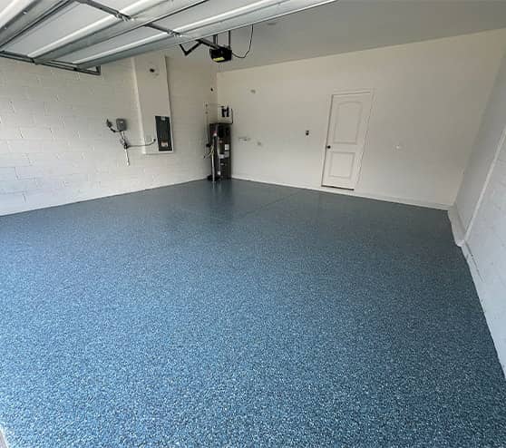 blue epoxy flake flooring for homeowner garage