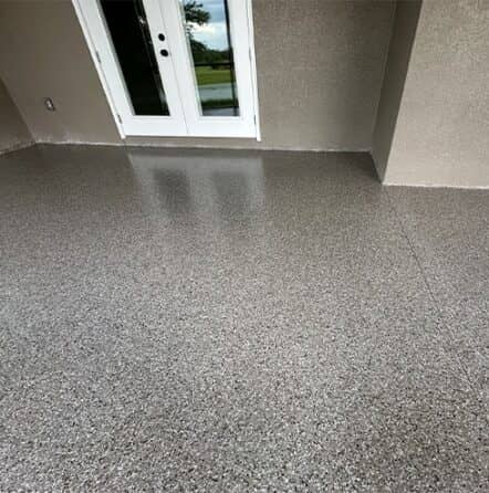 close-up of epoxy flake flooring for homeowner patio