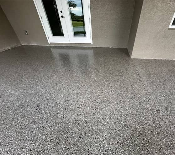 close-up of epoxy flake flooring for homeowner patio