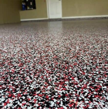 close-up of red epoxy flooring for homeowner garage