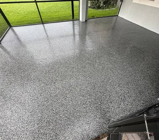 patio with fresh epoxy flake flooring