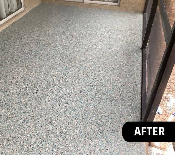 after portrait of homeowner patio with new epoxy flake flooring installed