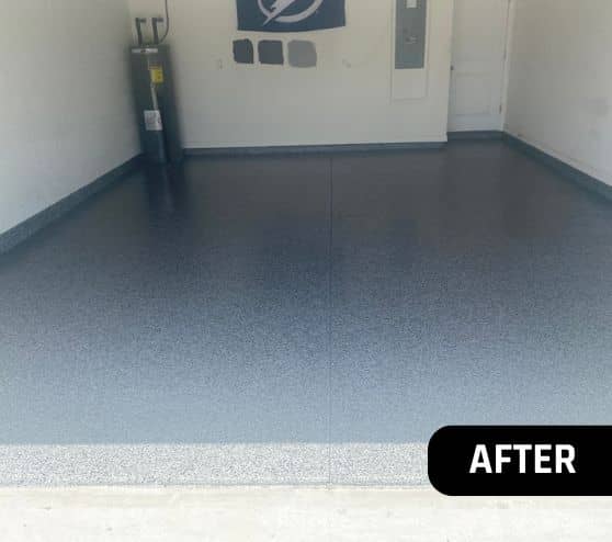after portrait of homeowner garage with new epoxy flooring installed