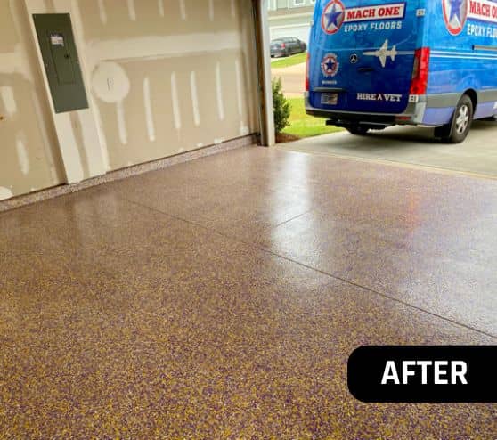 after portrait of homeowner garage with new epoxy flake flooring installed