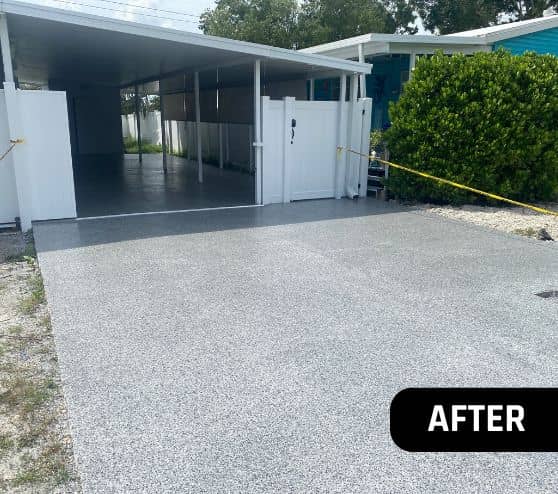 after portrait of homeowner driveway in florida with new epoxy flake flooring installed