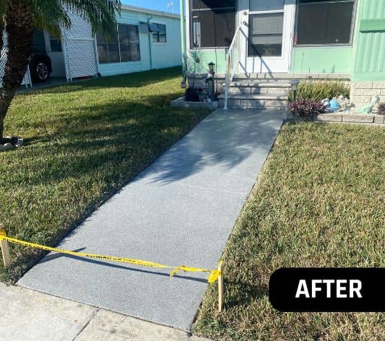 after portrait of homeowner porch with new Grey Epoxy Flake Flooring installed