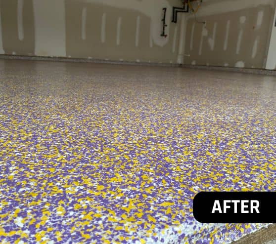 after portrait of homeowner garage with Minnesota Vikings color epoxy flake flooring installed
