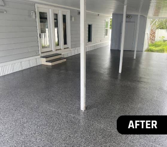 after portrait of homeowner patio in florida with new epoxy flake flooring