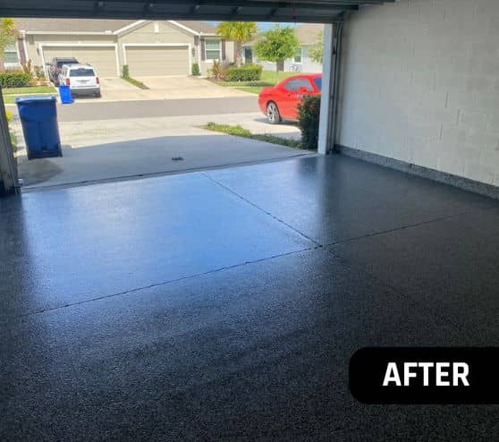 side angle of homeowner garage with new epoxy flake flooring