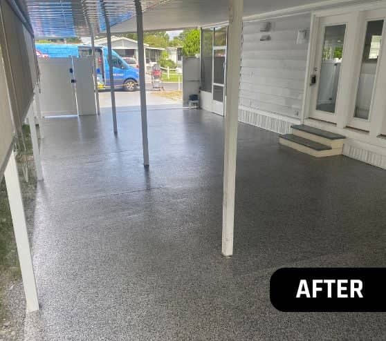 homeowner patio in florida with new epoxy flake flooring installed