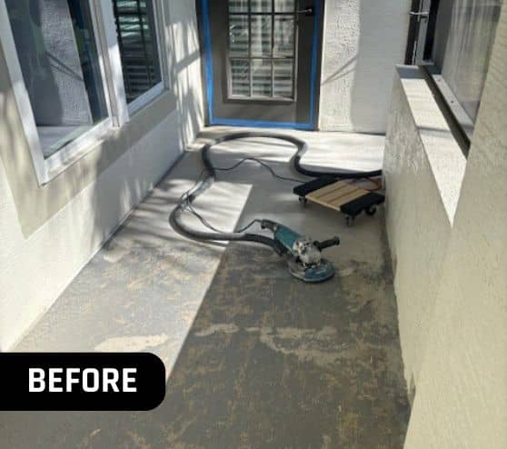 before portrait of homeowner patio with old flooring