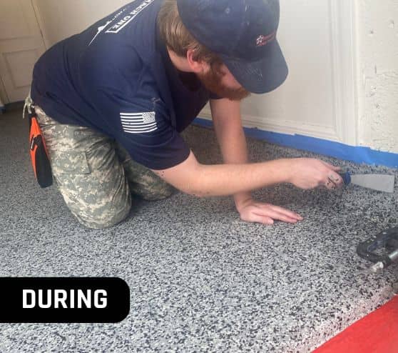 MACH ONE® employee on his knees installing new flooring