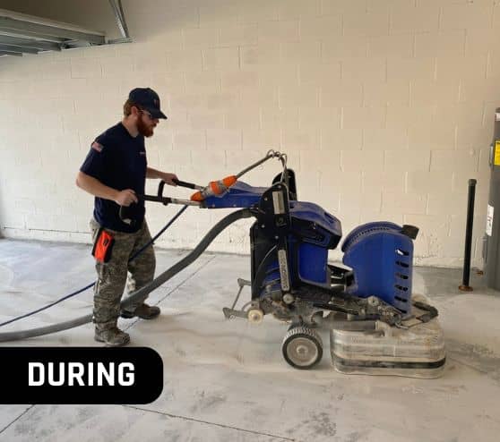 MACH ONE® employee grinding concrete flooring in homeowner garage