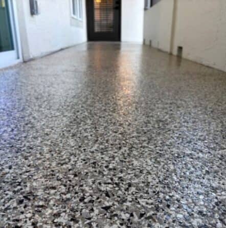 mushroom epoxy flake flooring close-up for homeowner