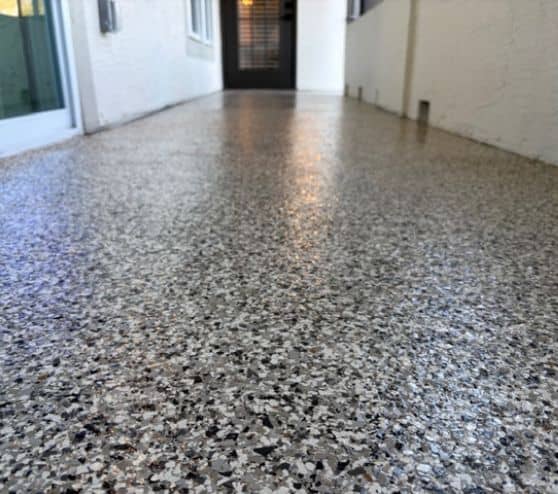 mushroom epoxy flake flooring close-up for homeowner