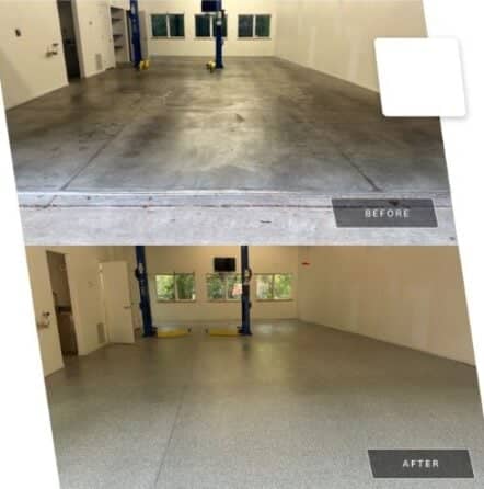 Before and after view of Epoxy Flake Flooring project in Dallas