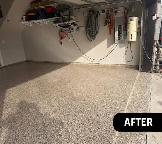 side view of homeowner garage with new epoxy flooring