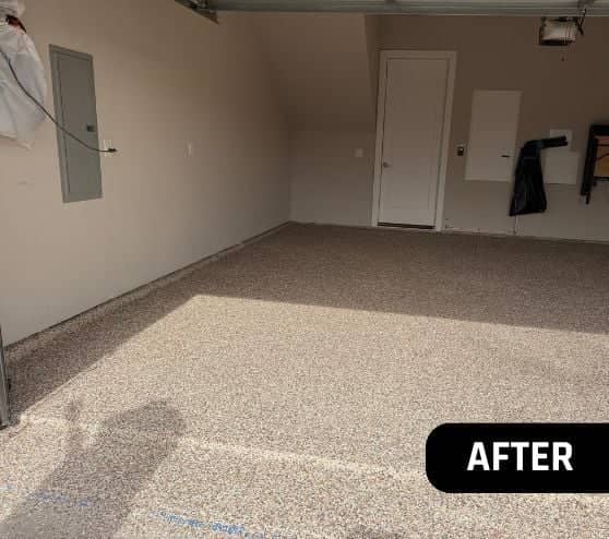 front view of homeowner garage with new epoxy flooring
