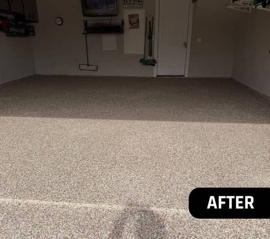 homeowner garage after portrait with new epoxy flooring