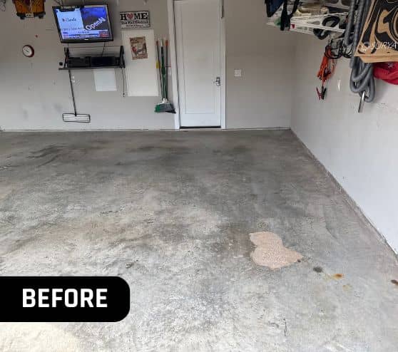 before portrait of homeowner garage with old flooring