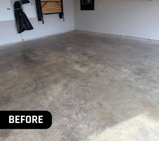homeowner garage with old flooring before portrait