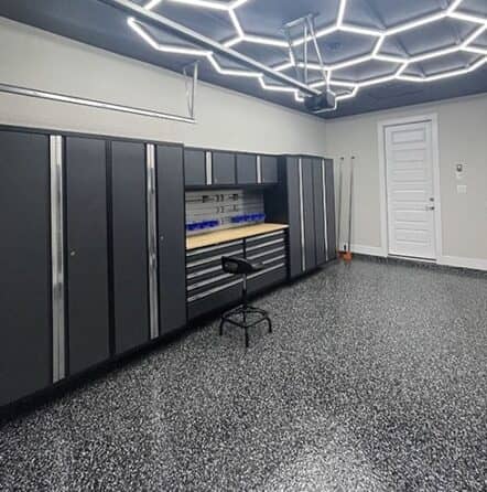 close-up of new epoxy flake flooring for homeowner garage