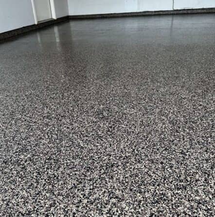 close view of garage floor epoxy project in San Antonio, TX