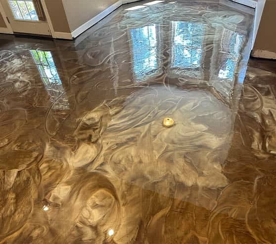 homeowner living room with freshly poured solid epoxy flooring