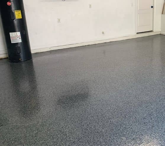 drew garage with new epoxy flake flooring installed