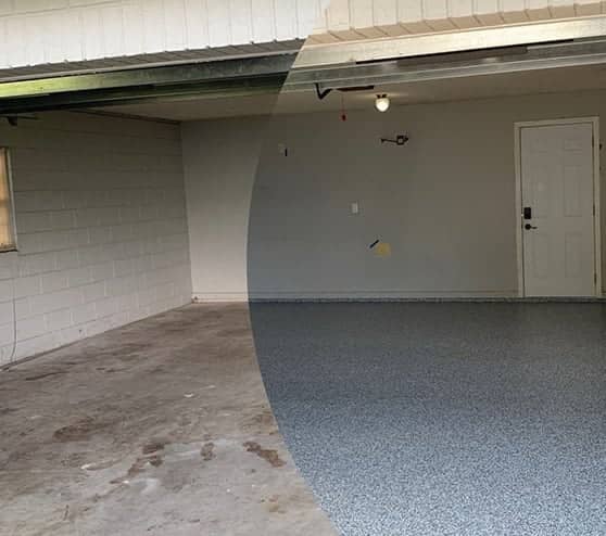 collage of garage before and after epoxy flooring