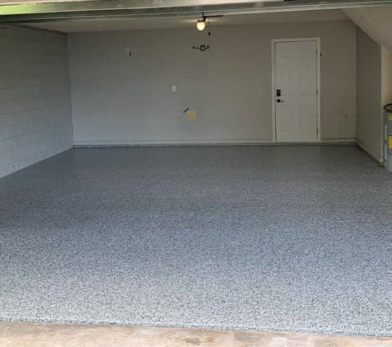 garage after epoxy flake flooring installed