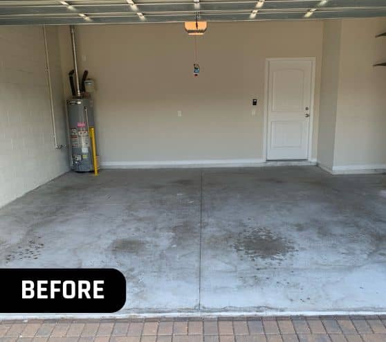 before portrait of homeowner garage with old flooring