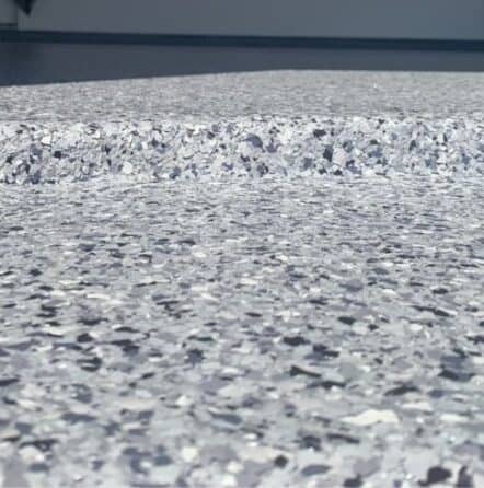 close-up of night fall epoxy flake flooring for joshua garage